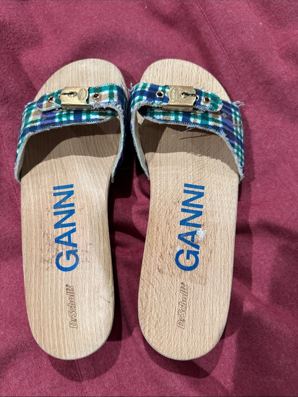 Never worn Ganni Plaid Buckle Slides in Green, Blue & Purple